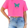 camiseta feminina cropped estonada mahai borboleta rosa neon 3
