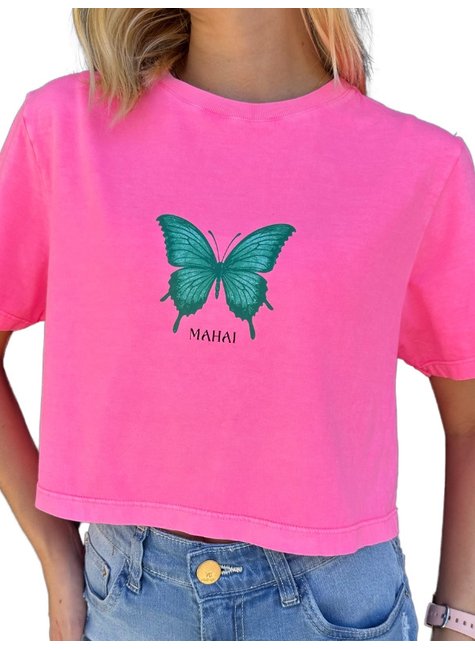camiseta feminina cropped estonada mahai borboleta rosa neon 4