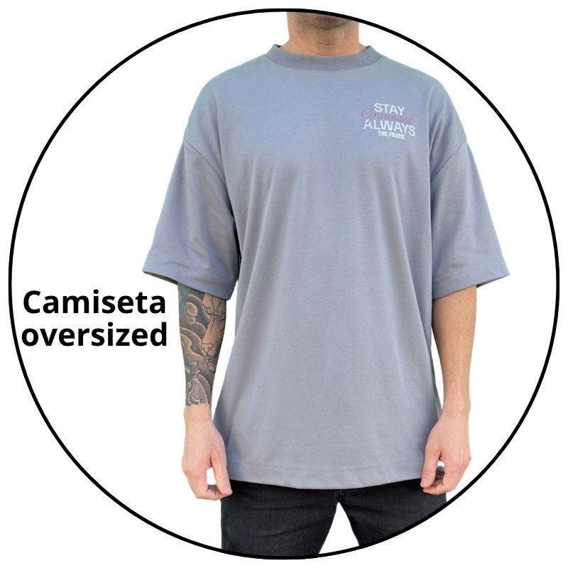 camiseta masculina oversized frame stay grounded cinza descricao 1