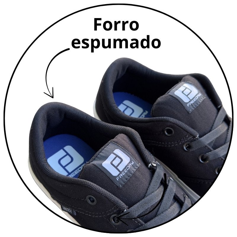 tenis freeday flip eco lona preto solado branco descricao 2