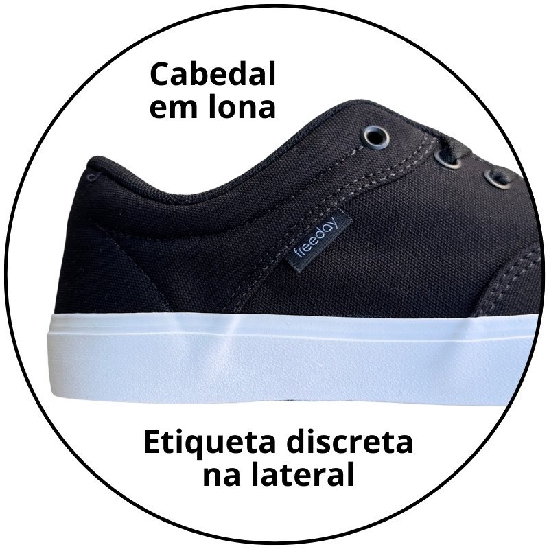 tenis freeday flip eco lona preto solado branco descricao 3