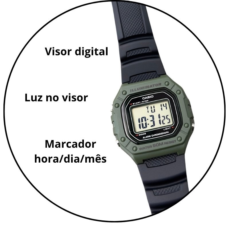 relogio de pulso casio standard digital w 218h 3avdf sc verde preto visor claro descricao 1