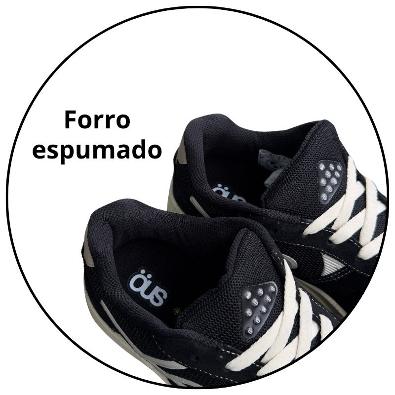 tenis ous gomes preto branco bege nomade essencial descricao 2