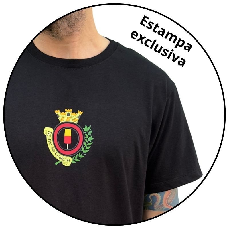 camiseta masculina reino do garcia brasao preta descricao
