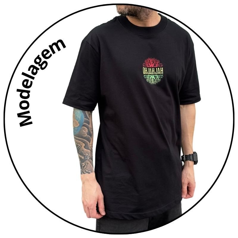 camiseta masculina banda oh jah jah logo preta descricao 1